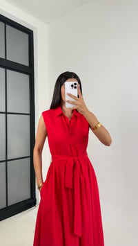 Kırmızı Sıfır Kol Önü Düğmeli Kuşaklı Elbise GAUS-0051GAUSDressesGAUS-0051