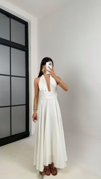 Beyaz Boyundan Bağlamalı Astarlı Keten Elbise Gaus00627GausELBİSEGU1002465
