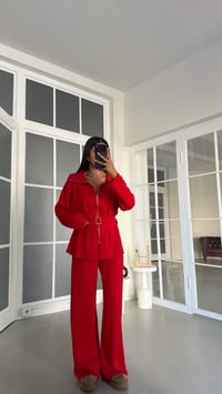 Kırmızı Kemer Detaylı Hırka Beli Lastikli Pantolon İkili Modal Takım GAUS-02053GAUSTAKIMGAUS-02053