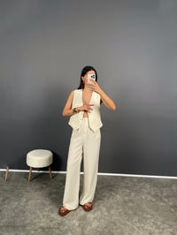 Harly Ekru Premium Keten Yelekli Pantolon Takım GausTAKIMGU008479
