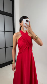 Kırmızı Çapraz Boyundan Bağlamalı Sırt Dekolteli Keten Elbise Gaus00597GausELBİSEGU1002397