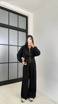 Siyah Kemer Detaylı Hırka Beli Lastikli Geniş Paça Pantolon Modal Takım GAUS-00188GAUSTAKIMGAUS-00188