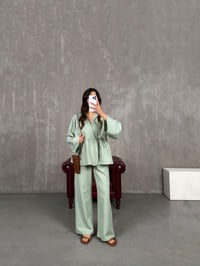 Haki Önü Bağlamalı Gömlek Beli Lastikli Pantolon İkili Keten Takım Gaus00262GausTAKIMGU1001603