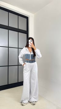 Gri Denim Detaylı Kapüşonlu Hırka Beli Lastikli Pantolon Tasarım Takım GAUS-00444GAUSTAKIMGAUS-00444