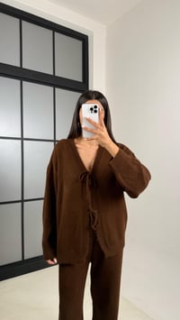 Kahve Önü Bağlamalı Hırka Beli Lastikli Pantolon Yumuşak Triko Takım GAUS-00203GAUSTAKIMGAUS-00203
