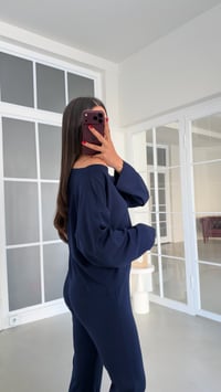 Lacivert Kayık Yaka Bluz Beli Lastikli Pantolon İkili Modal Takım GAUS-02168GAUSTAKIMGAUS-02168