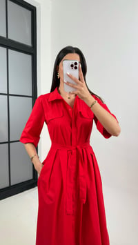 Kırmızı Önü Düğmeli Kuşaklı Poplin Elbise Gaus00369GausELBİSEGU1001860