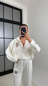 Beyaz Fermuarlı Baskılı Sweatshirt Beli Lastikli Eşofman İkili Takım GAUS-00597GAUSTAKIMGAUS-00597