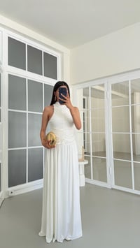 Ekru Drapeli Astarlı Sandy Kumaş Tasarım Elbise GAUS-01675GAUSELBİSEGAUS-01675