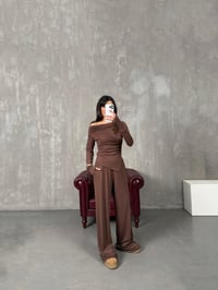 Tamara Kahve Drapeli Asimetrik Kesim Bluz Pantolon Modal TakımGausTAKIMGU100201