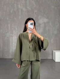 Haki Yaka Düğmeli Gömlek Beli Lastikli Pantolon Tensel Takım Gaus00238GausTAKIMGU1001553