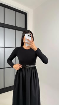 Siyah Uzun Kol Beli Lastikli Kemerli Elbise GAUS-01214GAUSDressesGAUS-01214