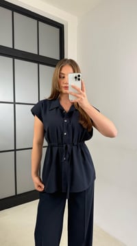 Lacivert Vatkalı Beli Lastikli Kuşaklı Yelek Pantolon İkili Takım GAUS-00986GAUSTAKIMGAUS-00986