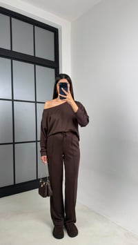 Acı Kahve Asimetrik Yaka Beli Lastikli Çımalı Pantolon Modal Kumaş Takım GAUS-00629GAUSTAKIMGAUS-00629