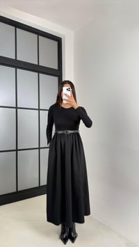 Siyah Uzun Kol Beli Lastikli Kemerli Elbise GAUS-01214GAUSDressesGAUS-01214