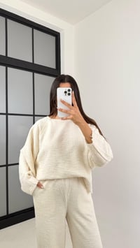 Ekru Kazak Beli Lastikli Pantolon Buklet Kumaş İkili Takım GAUS-00138GAUSTAKIMGAUS-00138