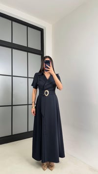 Lacivert Gold Toka Kuşaklı Krep Kumaş Uzun Elbise GAUS-00974GAUSDressesGAUS-00974