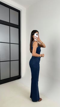 Lacivert Önü Düğmeli Kemerli Likralı Denim Tulum Gaus00473GausTULUMGU1002106