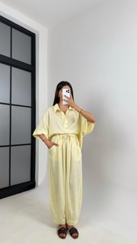 Sarı Polo Yaka Yarasa Kol Bluz Şalvar Pantolon Md Muadil Premium Keten Takım Gaus00542GausTAKIMGU1002265