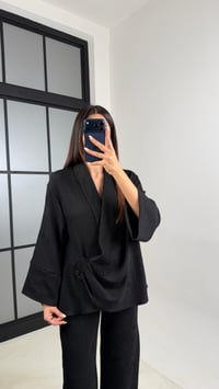 Siyah Yan Düğme Detaylı Kimono Beli Lastikli Pantolon Fitilli Kumaş Takım GAUS-00624GAUSTAKIMGAUS-00624
