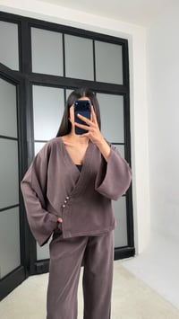 Kahve Düğme Detaylı Kimono Pantolon MD Muadil Tencel Takım GAUS-01451GAUSTAKIMGAUS-01451