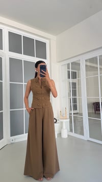 Kahve Düğme Detaylı Ceket Pantolon İkili Keten Takım GAUS-01739GAUSTAKIMGAUS-01739
