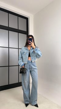 Mavi Crop Ceket Jean Taşlı ZR Model Denim Takım GAUS-00917GAUSTAKIMGAUS-00917