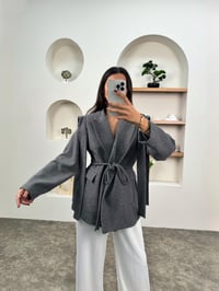 Zena Gri Çizgili Astarlı Bağlamalı Premium CeketGausCEKETGU00903554
