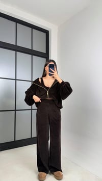 Acı Kahve Kapüşonlu Hırka Crop Beli Lastikli Pantolon 3'lü Kadife Takım GAUS-00875GAUSTAKIMGAUS-00875