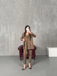 Delina Kahve Yırtmaç Detaylı Astarlı Kemerli Ceket Pantolon Premium Keten TakımGausTAKIMGU100399