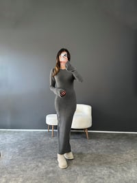 Gri İspanyol Kol Maxi Pirinç Örgü Triko  Elbise GausELBİSEGU003043