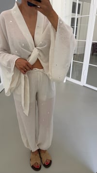 Ekru Pul Detaylı Kimono Beli Lastikli Şalvar Pantolon İkili Premium Takım GAUS-01857GAUSSuitsGAUS-01857