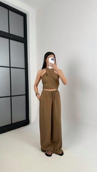 Kahve Boyundan Bağlamalı Crop Beli Lastikli Cepli Pantolon Keten Takım Gaus00418GausTAKIMGU1001977