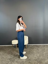 Lul İndigo Mavi Beli Lastikli İp Kemerli Tensel Pantolon GausPANTOLONGU004615