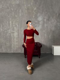 Loneva Bordo Belden Dekolteli Fitilli Yumuşak Triko ElbiseGausELBİSEGU00904392
