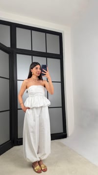 Beyaz Balon Bluz Beli Lastikli Şalvar Pantolon İkili Premium Takım GAUS-01569GAUSTAKIMGAUS-01569