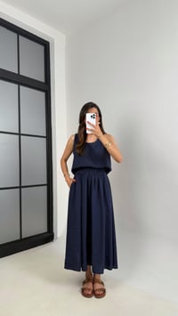 Lacivert Bluz Beli Lastikli Etek İkili Kırışık Tencel Takım Gaus00522GausTAKIMGU1002224