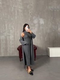 Sores Antrasit Balıkçı Yaka Yandan Yırtmaçlı Elbise Triko Hırka İkili TakımGausTAKIMGU100312