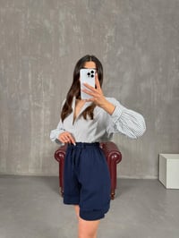 Lacivert Beli Lastikli Kuşaklı Cepli Müslin Kumaş Şort Gaus00267GausŞORTGU1001616