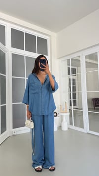 Mavi Gömlek Beli Lastikli Pantolon İkili Tencel Denim Takım GAUS-01791GAUSTAKIMGAUS-01791