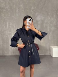 Lacivert Düğmeli Kemerli Muadil Denim Elbise Gaus00128GausELBİSEGU1001288