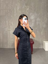 Lacivert Ön Düğmeli Beli Lastikli Denim Elbise Gaus00206GausDressesGU1001485