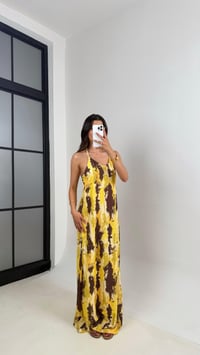 Sarı Kahve Desenli Askılı Tencel Elbise Gaus00654GausELBİSEGU1002518