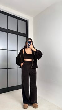 Acı Kahve Kapüşonlu Hırka Crop Beli Lastikli Pantolon 3'lü Kadife Takım GAUS-00875GAUSTAKIMGAUS-00875