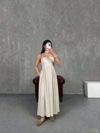 Taş Boyundan Bağlamalı Beli Lastikli Cepli Keten Elbise Gaus00264GausELBİSEGU1001611