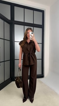 Kahve Vatkalı Beli Lastikli Kuşaklı Yelek Pantolon İkili Takım GAUS-00986GAUSTAKIMGAUS-00986