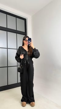 Siyah Saten Detaylı Hırka Beli Lastikli Pantolon Tasarım Takım GAUS-01096GAUSTAKIMGAUS-01096
