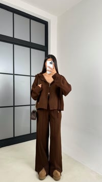 Kahve Kapüşonlu Hırka Beli Lastikli Pantolon İkili Triko Takım GAUS-00564GAUSTAKIMGAUS-00564