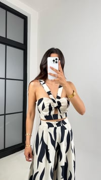 Ekru Desenli Beli Lastikli Crop Cepli Pantolon İkili Premium Takım Gaus00676GausTAKIMGU1002557