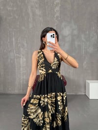Siyah Leopar Desenli Beli Lastikli Elbise Gaus00113GausELBİSEGU1001247